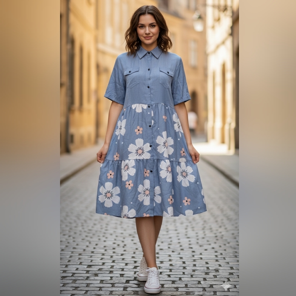 J.C Fashion Women's NWOT Blue Floral Short Sleeve Button Down Midi Dress XL 🐈